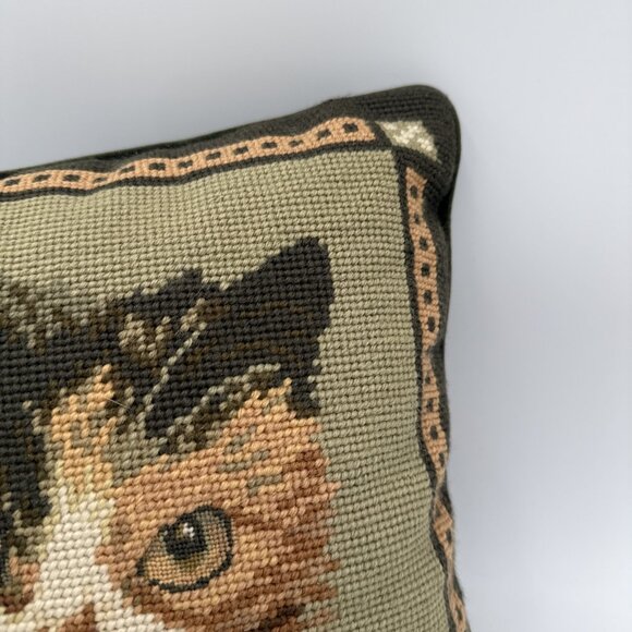 Vintage Imperial Elegance Wool Needlepoint Cats Throw Pillow Green Calico KItten - Picture 5 of 9